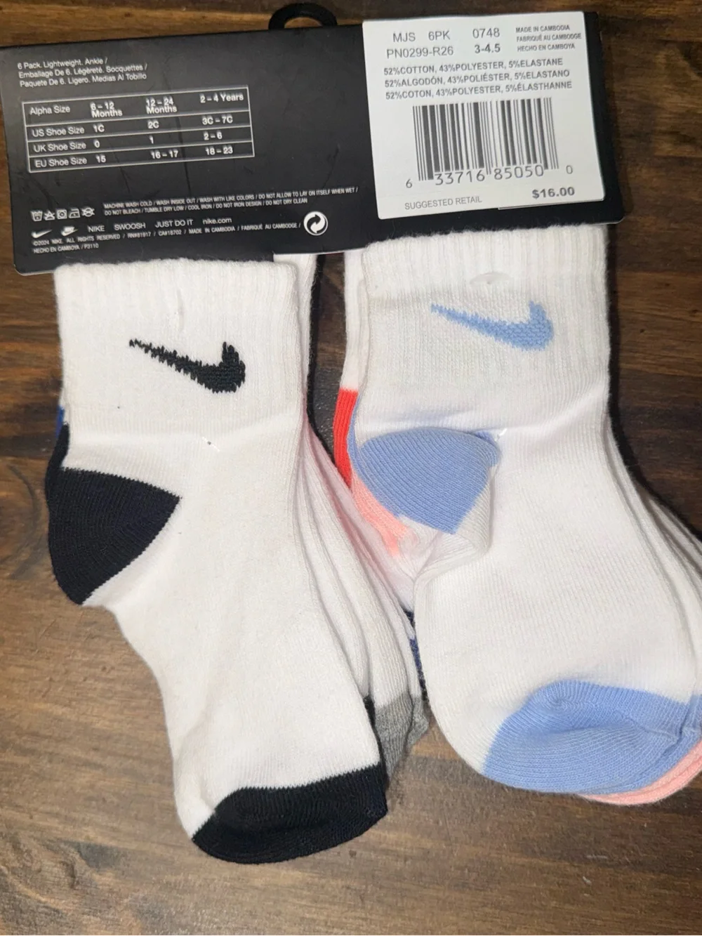 Nike Kids 6-Pack White Crew Socks with Blue,coral,pink,black,grey,purple